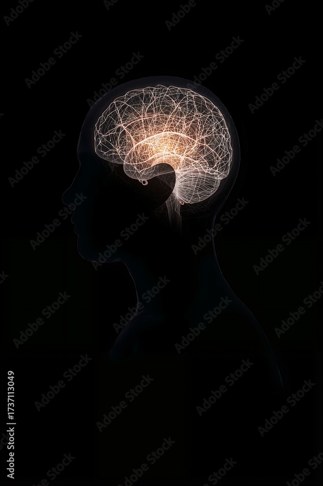 Obraz premium Mind's Illuminated Landscape: A striking silhouette of a human head reveals the intricate network of the brain. An artistic representation of thought and cognition.