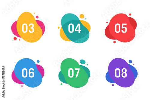 Colorful infographic number bullet points set. Abstract liquid shapes for business process steps. Vector template for workflow layout, diagram, presentation, timeline, and banner.