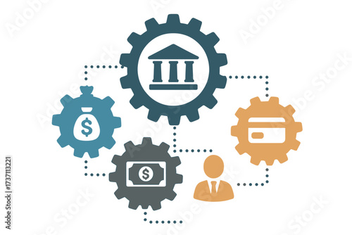 Banking mechanism concept. Financial system with connected gears and integrated flat icons. Abstract symbols for money, card, bank, business, and finance. Fintech vector.