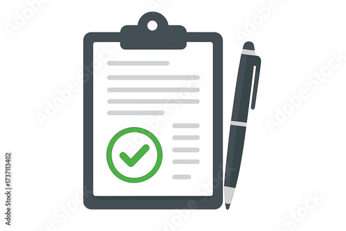 Approved application concept. Clipboard with document and green check mark. Successful agreement, signed contract, completed form, passed test, validation, confirmation. Vector.