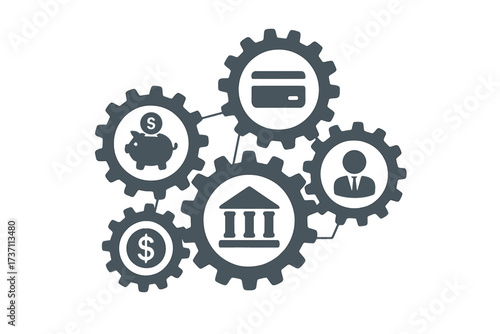 Banking mechanism abstract concept. Financial system metaphor. Connected gears with flat icons. Money, bank, savings, credit card, payment, business, finance symbols vector.