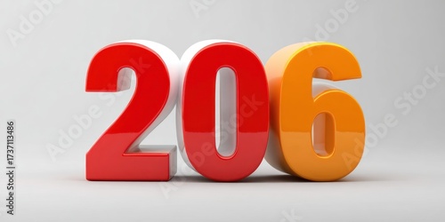 Colorful 3D rendered digits 206 on a white surface, with shiny reflections