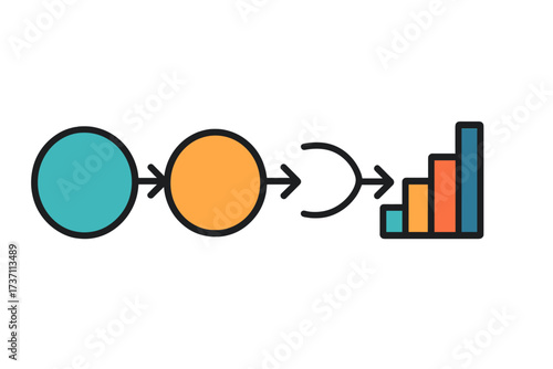 Infographic business process chart showing data transformation into a growth graph. Vector diagram with abstract elements and steps for presentation. Workflow analysis concept.
