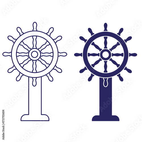 Two vector illustrations depicting nautical ship wheels in simple minimalist style