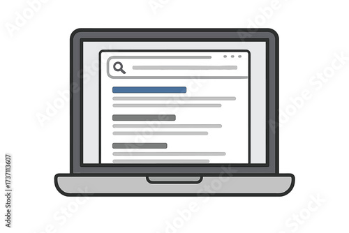 Search engine results on laptop screen. SEO and website ranking concept. Browser showing top search result. Digital marketing and data research flat vector illustration.