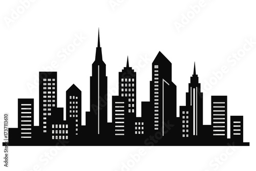 City skyline silhouette vector illustration. Black cityscape graphic on white background. Urban architecture panorama. Metropolis downtown buildings icon. Modern city landscape.
