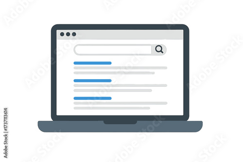 Laptop with search engine results page on screen. SEO ranking, web browsing, and internet information concept. Digital marketing and data analysis. Flat vector illustration.