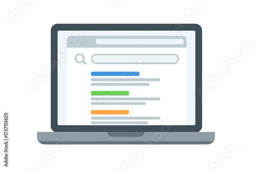 Laptop computer with browser window showing search engine results page. SEO ranking and website traffic concept. Web search, online browsing and digital marketing flat vector.
