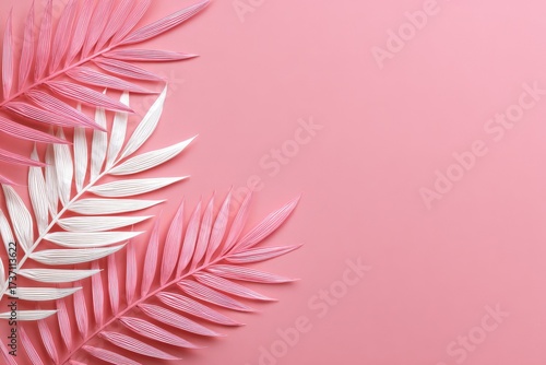 Palm leaves, shaded pink and white, overlap against a solid pink background for a pastel composition