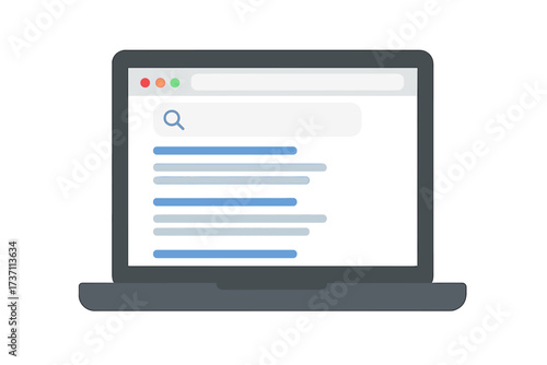 Laptop with browser window showing search engine results page. SEO concept with website ranking. Internet search, information retrieval. Digital marketing. Flat design vector.