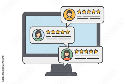 Customer reviews and testimonials with star ratings. User feedback messages on a computer screen. Client satisfaction survey concept. Online service evaluation and experience.