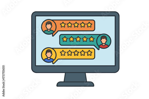 Customer review and feedback concept. Online testimonials with star ratings on computer screen. User satisfaction, client experience survey. Quality service evaluation messages.