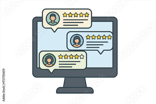 Customer review and feedback concept. Online testimonials and user rating stars on computer screen. Client satisfaction survey, consumer opinion, and user experience messages.