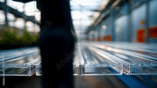 Wallpaper Mural Closeup on polycarbonate greenhouse panels arranged neatly with soft focus on surrounding packaging emphasizing durability and lightweight sourcing options. Torontodigital.ca