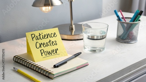 Wallpaper Mural Motivational Desk Scene with Sticky Note, Lamp, Notepad, Glass of Water, and Colorful Pens on Wooden Table Torontodigital.ca