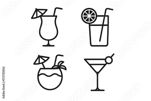 Set of summer cocktails. Tropical drinks in different glasses. Coconut, martini, juice. Bar menu icons. Line art for beach party. Editable stroke vector graphic element.