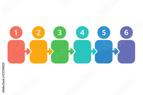Infographic process chart with 6 steps. People icons for timeline or workflow visualization. Business diagram template with six sequential stages for presentation or report.