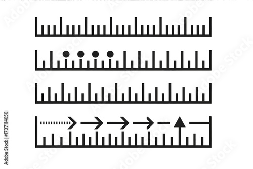 Measurement scale vector set. Creative size indicators and ruler markup for unit distance. Horizontal measure and dimension tool for technical drawing. Infographic design element.