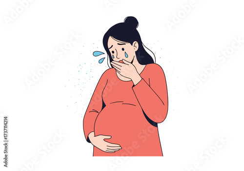 Pregnant woman crying holding her belly feeling unwell.