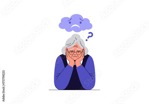 Elderly woman with a sad cloud over her head and a question mark.