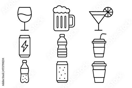 Drink and beverage line icon set. Collection includes alcohol, soft drinks, energy drink, soda, beer, wine, cocktail, and coffee. Vector outline pictograms for web and app design.