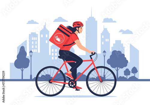 Delivery person riding bicycle in city delivering food.