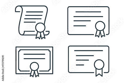 Certificate and diploma line icon set. Graduation document award symbol collection. Education achievement and qualification degree vector illustration. Thin line license and patent.