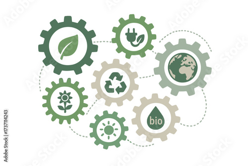Ecology mechanism concept. Abstract vector background with connected gears. Icons for eco friendly, energy, environment, green, recycle, bio, and global sustainability concepts.