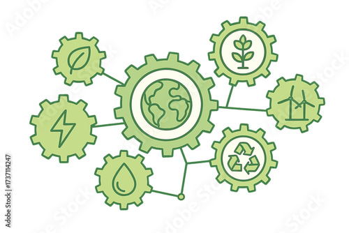 Sustainable ecosystem concept. Interconnected gears with icons for green energy, recycling, water, and bio resources. Global ecology, environmental protection mechanism vector.
