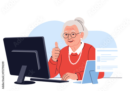 Elderly Woman Using Computer Giving Thumbs Up.