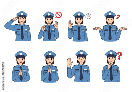 Set of diverse female security guard poses and expressions.