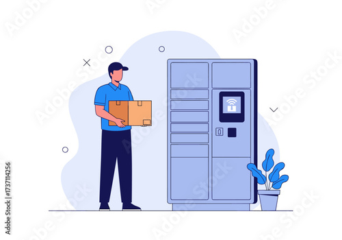Delivery man holding package near automated parcel locker.