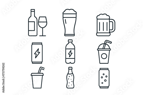 Drink and beverage icon set. Collection of line icons of alcoholic, energy, and soft drinks. Vector symbols for web, apps, infographics. Wine, beer, soda, and cola.