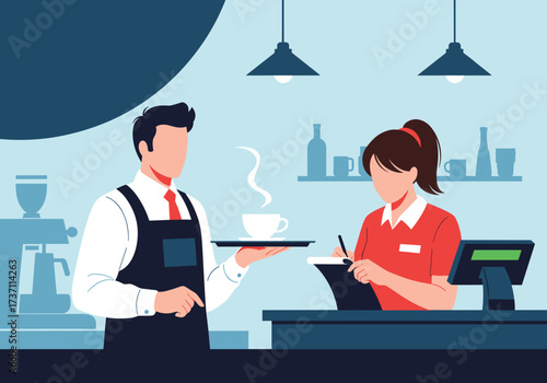 Barista Serving Coffee to Customer at Counter.
