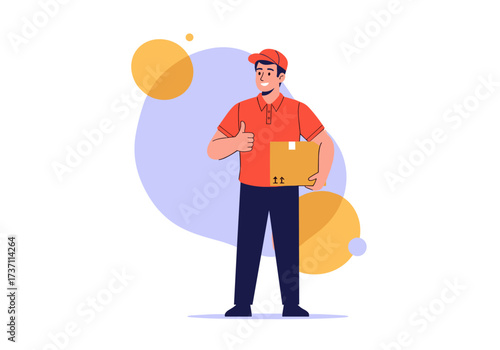 Delivery man holding package and giving thumbs up.