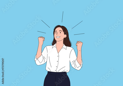 Young Woman Celebrating Success with Fist Pumps and Radiant Energy.