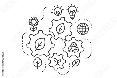 Ecology mechanism concept. Abstract background with connected gears and icons for eco friendly, green energy, environment, recycle, bio and global sustainability concepts. Vector.