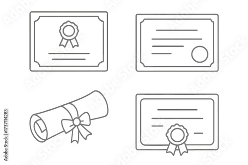 Diploma and certificate outline icon set. Vector collection for graduation, award, degree, and achievement. Simple line art symbols for success and qualification concepts.