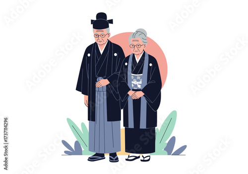 Elderly Japanese couple in traditional formal attire.