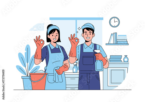 Professional cleaning team giving okay sign with cleaning supplies.