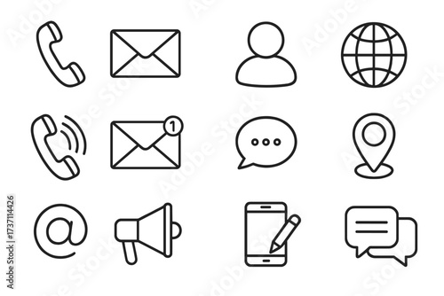 Set of contact us line icons. Communication and customer service concepts. Includes phone, email, chat, location, and web symbols. Vector illustration with editable stroke.