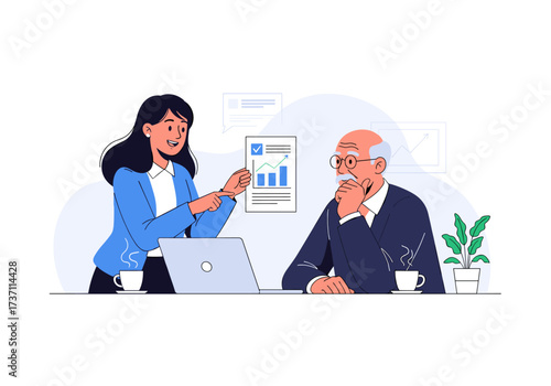 Business meeting between a young woman and an old man discussing charts.