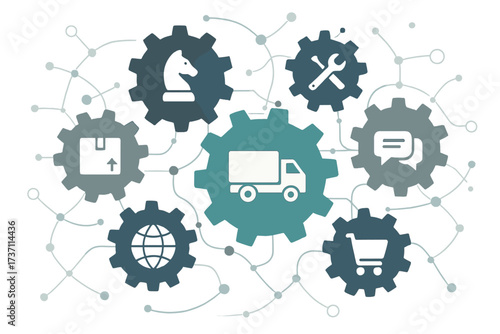 Logistics supply chain management. Global e-commerce, online shopping, delivery. Vector with gears, truck, package, cart, globe, strategy, service, communication icons.