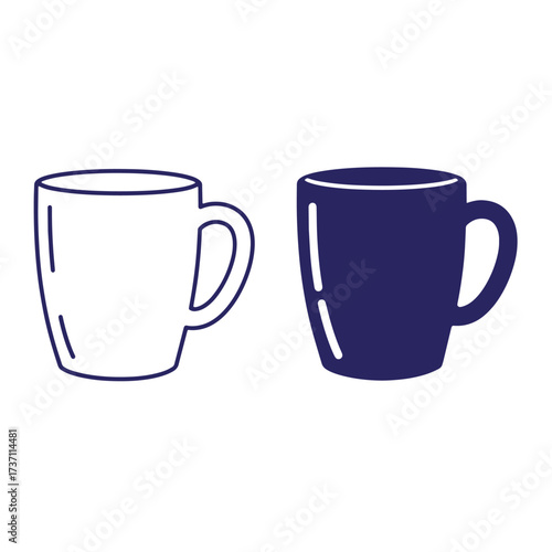 Two vector illustrations of coffee mugs in line art and solid dark blue color