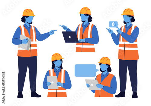 Construction workers in safety vests and hard hats performing various tasks.