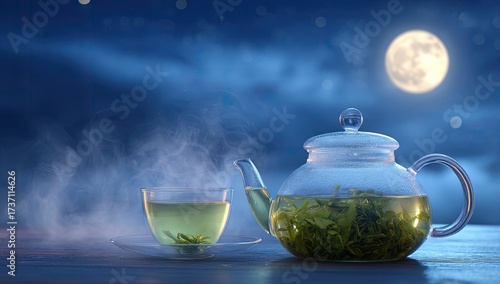 Steaming green tea in glass cup & pot, night sky with full moon, dreamy & relaxing scene