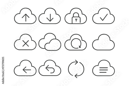 Cloud computing thin line icon set. Data storage, network server, and file transfer symbols. Vector collection of upload, download, security lock, sync, and backup signs.