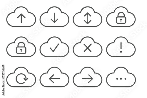 Cloud computing icon set. Vector symbols for data storage, web hosting, transfer. Upload, download, security lock, checkmark, success, error, sync, refresh. Line art icons.