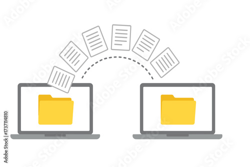 File transfer concept. Data exchange between two laptops. Copying documents, file sharing, backup and recovery. PC migration and computer synchronization. Vector illustration.