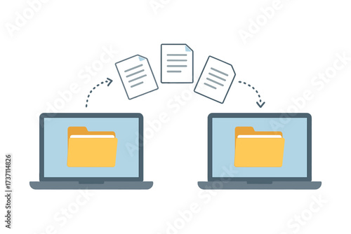 File transfer vector concept. Two laptops with folders on screen and transferred documents. Copy files, data exchange, backup, PC migration, information sharing, synchronization.